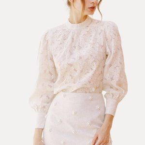 Storia Floral Lace Blouse with Sheer Sleeves and Mock Neck in Ivory